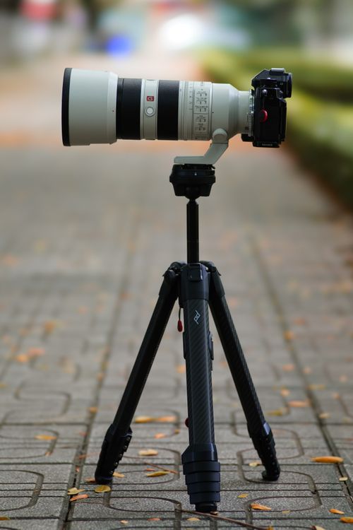 Free High-quality camera on a sturdy tripod set outdoors on a paved path. Stock Photo