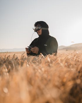 An adult wearing VR goggles operates a drone in a sunlit wheat field.