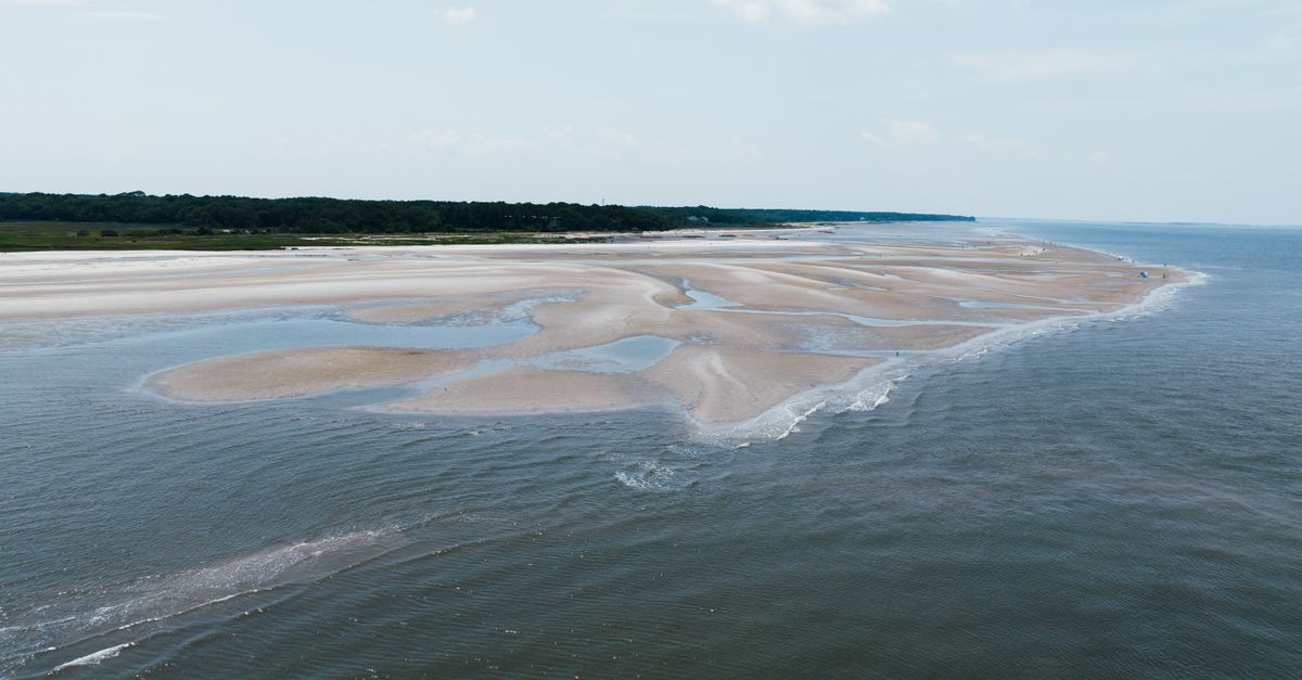 Scenic aerial view of tidal flats and coastline at Hilton Head Island, South Carolina.