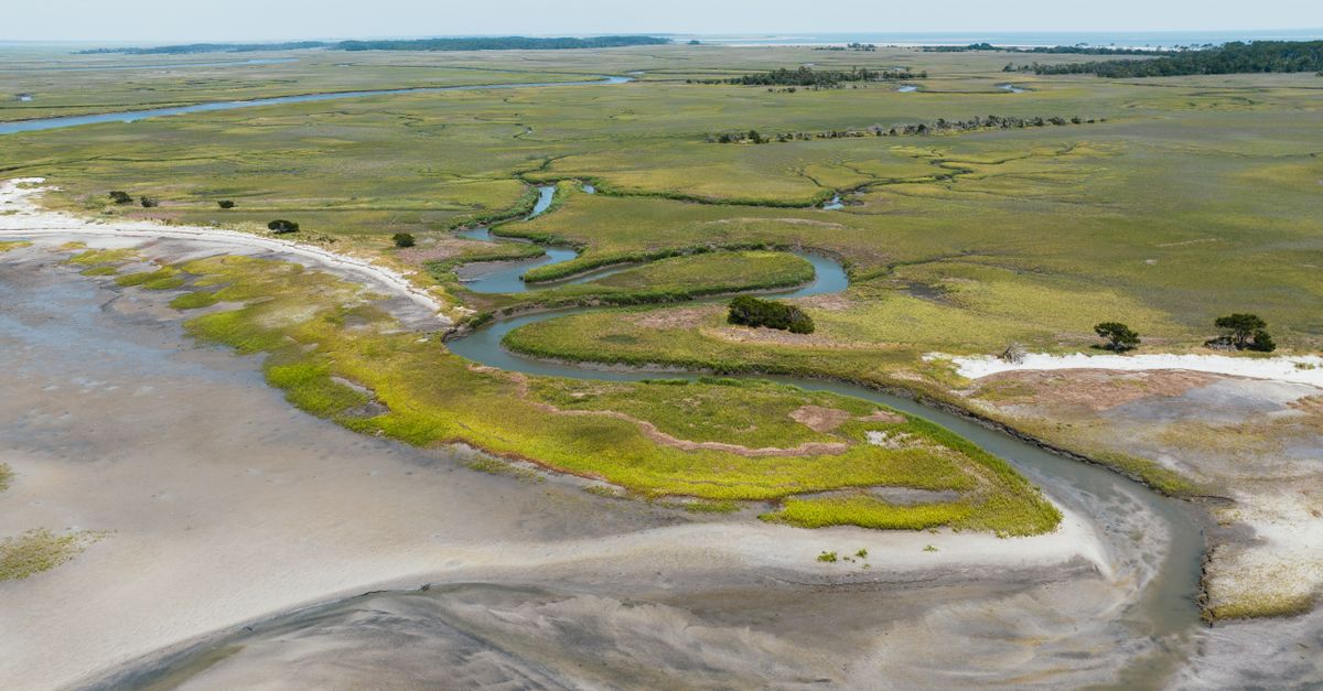 A serene aerial view of marshland and winding creeks on Hilton Head Island, South Carolina.