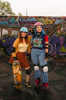 Two female skaters stand at a graffiti-covered skatepark, embracing skate culture.