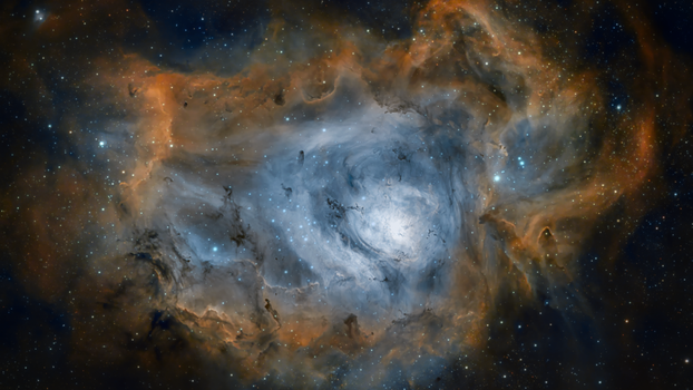 Captivating image of the Lagoon Nebula showcasing colorful cosmic clouds and distant stars.
