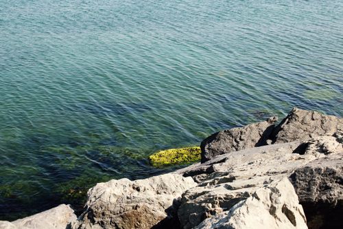 Free A scenic view of a rocky shoreline meeting clear blue water, evoking a sense of tranquility. Stock Photo