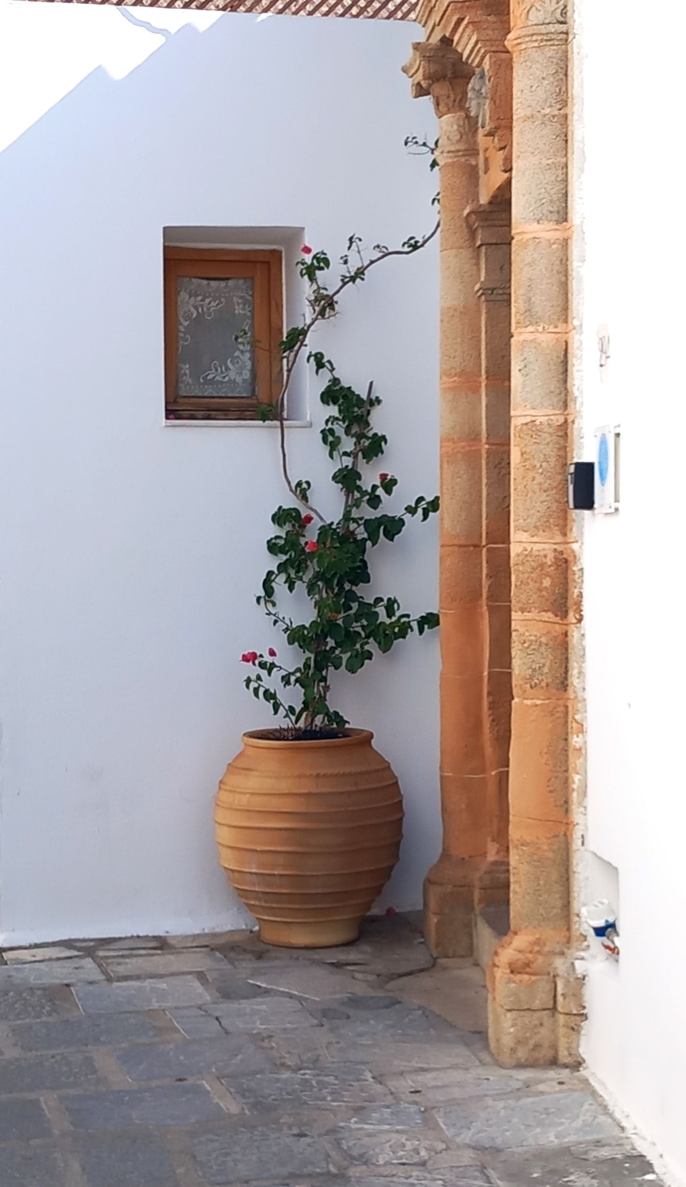 A quiet sunlit courtyard with a stone column and potted plant