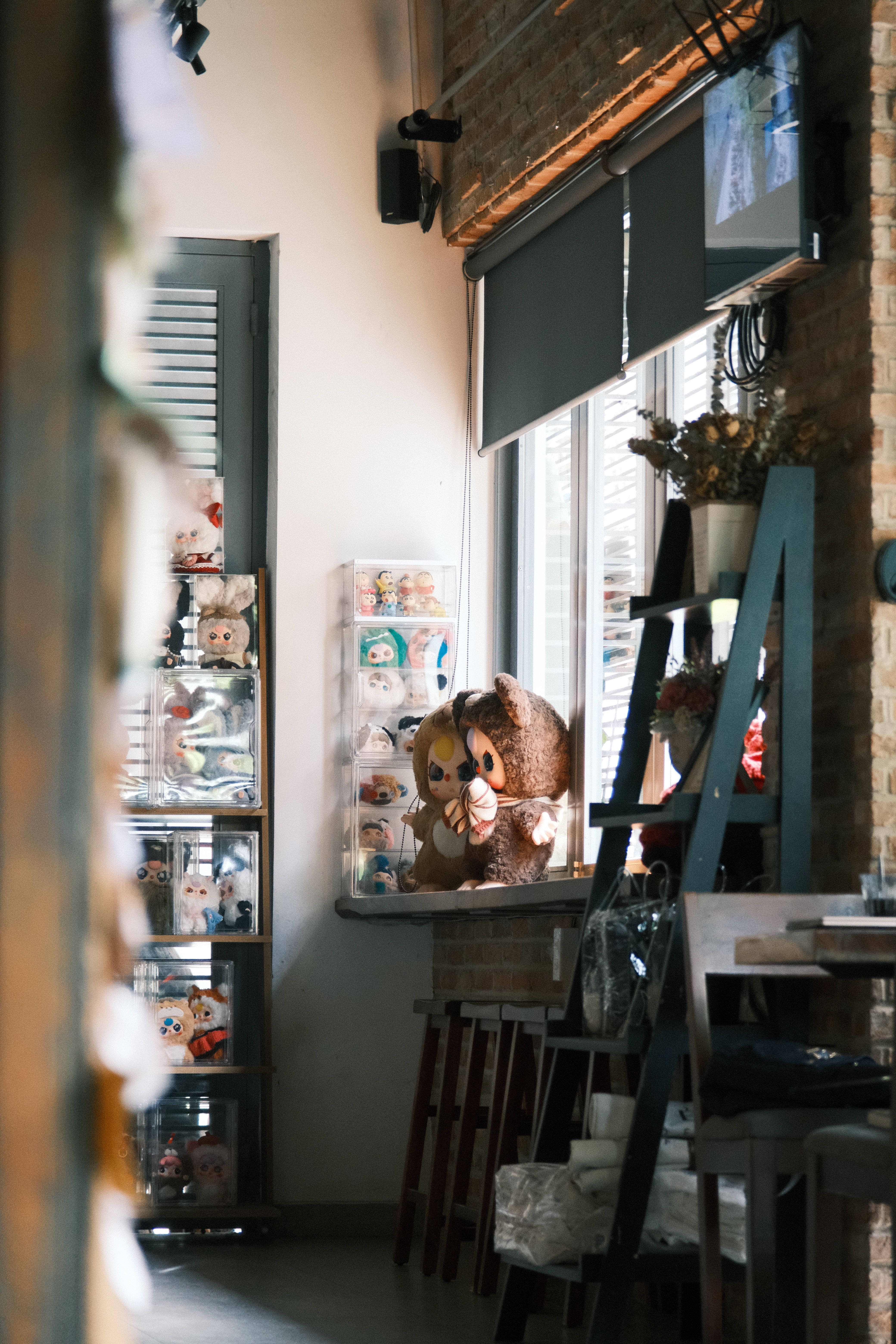 Cozy Cafe with Plush Toys and Rustic Decor