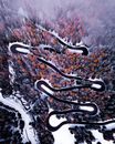 冬日，一条蜿蜒的道路穿过白雪皑皑的森林，从空中俯瞰，景色迷人