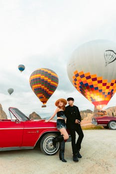 Stylish couple with vintage car, hot air balloons soaring over Cappadocia's rocky landscape.