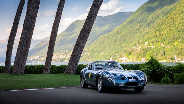 Vintage sports car parked by a serene lake with mountains in the background.