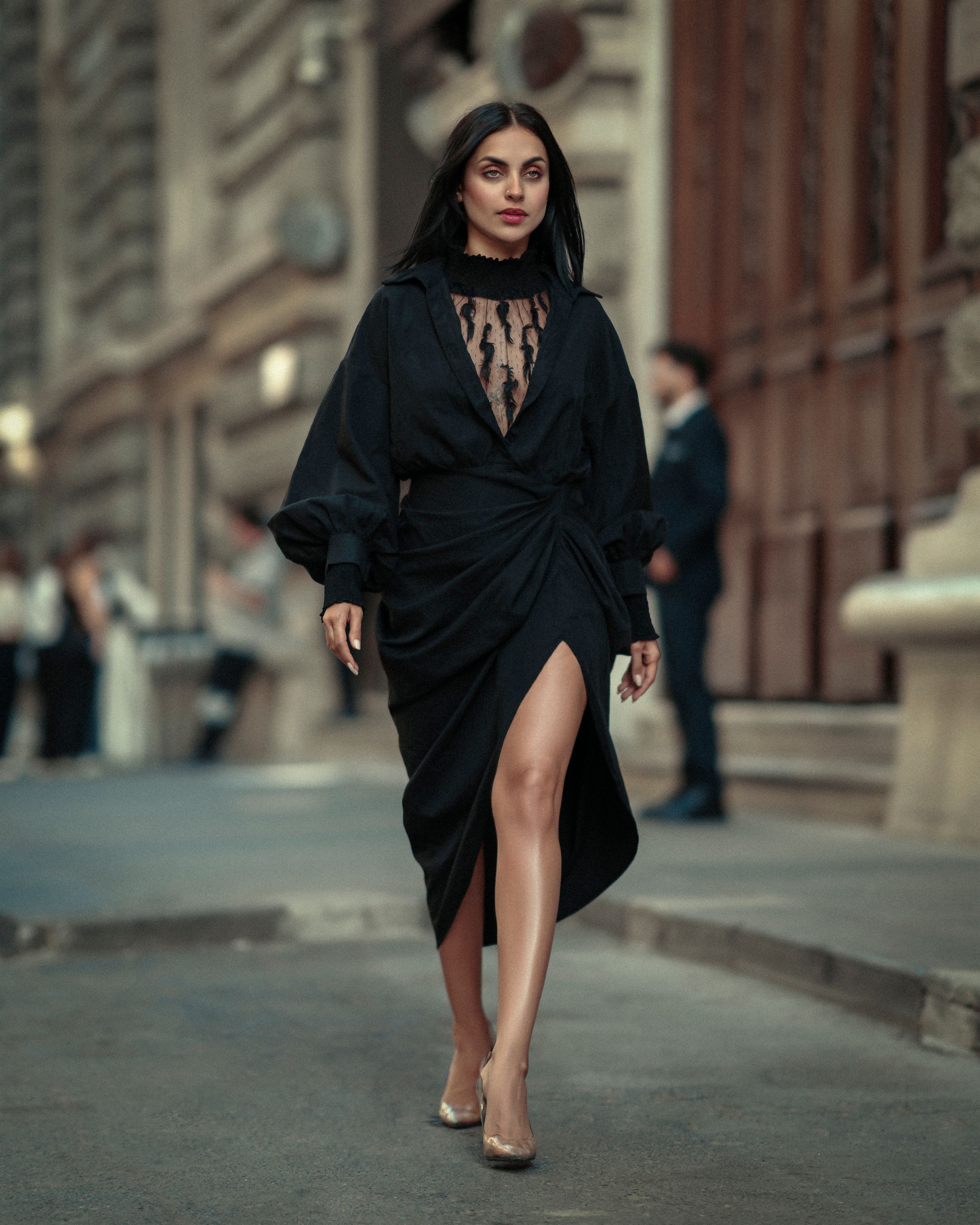 black long sleeve corset dress satin & sheer mesh corset dress Black / MEDIUM