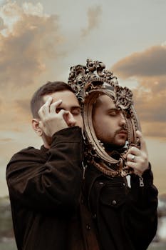 日落时分，一个男人在华丽的金色框架反射中，构成了一幅富有创意的户外肖像