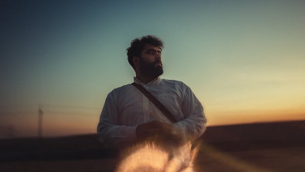 A contemplative man standing outdoors at sunset in Kurdistan Province, Iran.