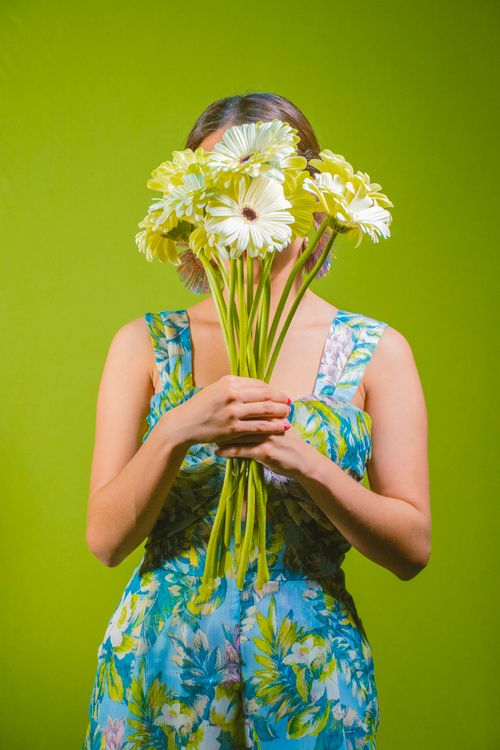 Free Woman holding gerbera daisies in front of face against vivid green background. Stock Photo