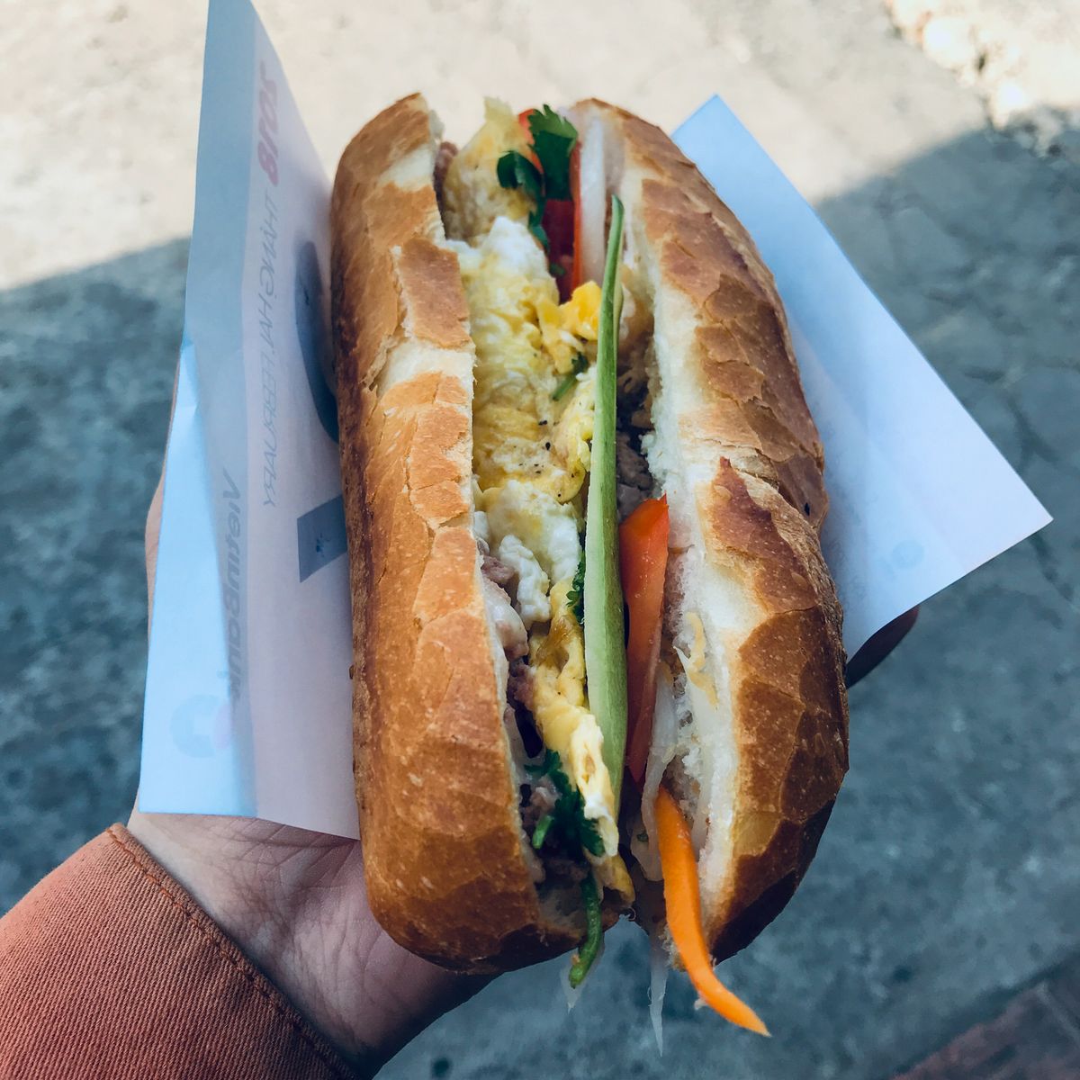 Vietnamese banh mi sandwich held outdoors