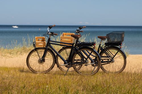 Free Two bicycles on grassy dunes by a serene beach in Jönköping, Sweden, under a clear summer sky. Stock Photo