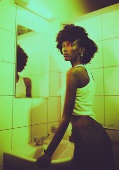 Captivating portrait of a woman in dramatic yellow lighting, enhancing contrast and mood.