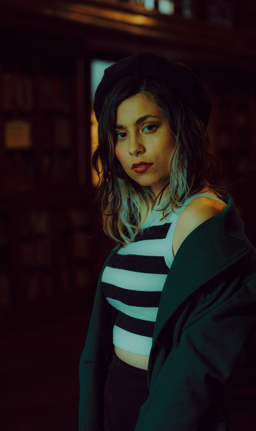 Free Portrait of a fashionable woman posing indoors in a moody library setting. Stock Photo