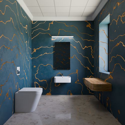 Free A contemporary bathroom featuring unique blue and gold artistic walls with sleek fixtures. Stock Photo