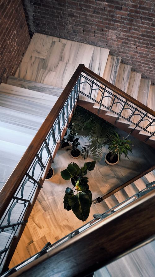 Free Stylish indoor staircase with potted plants and natural light. Stock Photo