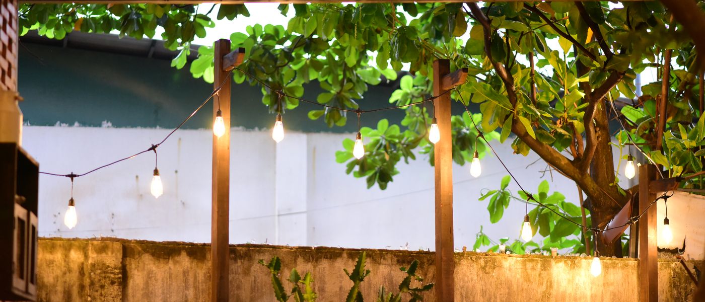 Festive outdoor holiday lighting decorating a home at night
