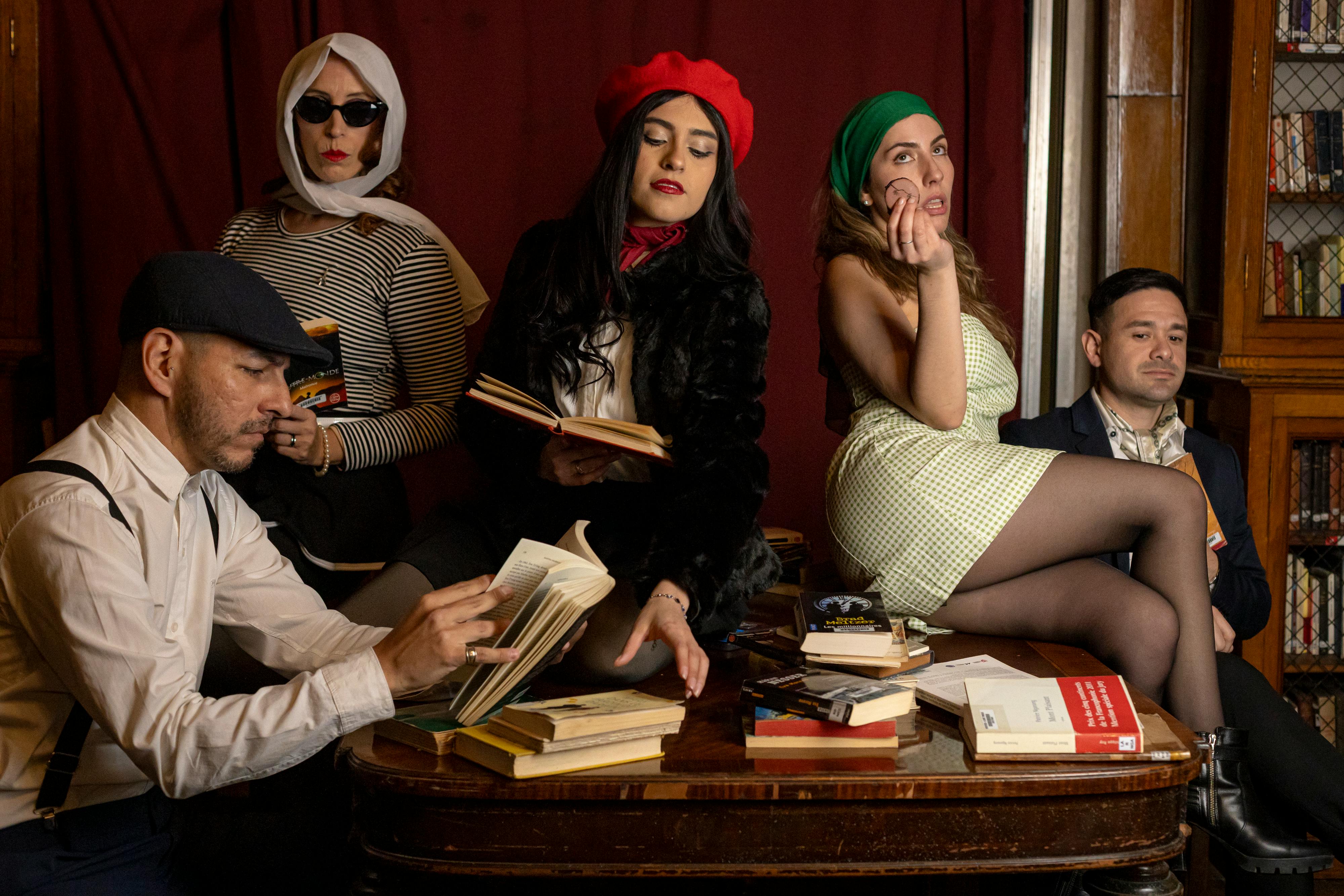 A group of adults in retro fashion reading books in a classic library setting.