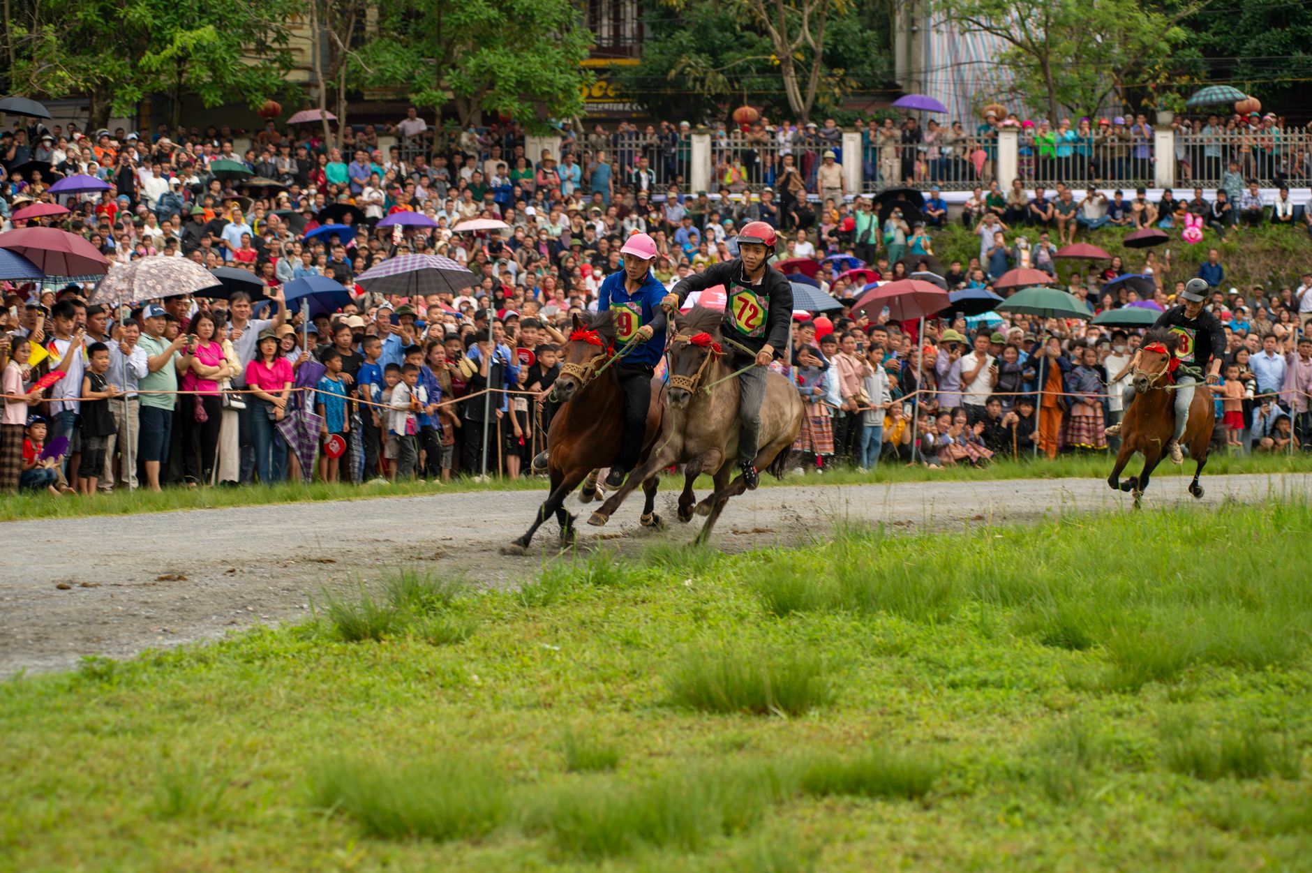 Vibrant scene of horse racing at Bac Ha festival in Lào Cai, Vietnam against a lively crowd.