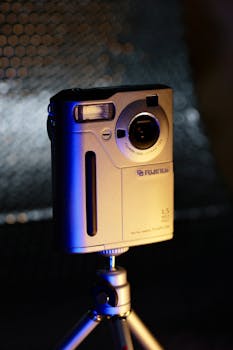 A classic compact camera mounted on a tripod, illuminated with creative lighting.