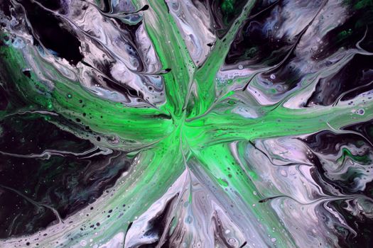 Vibrant green and black fluid art design with swirling patterns and textures.