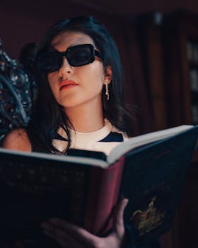 Chic woman in sunglasses reading a book in a cozy Buenos Aires cafe, Argentina.
