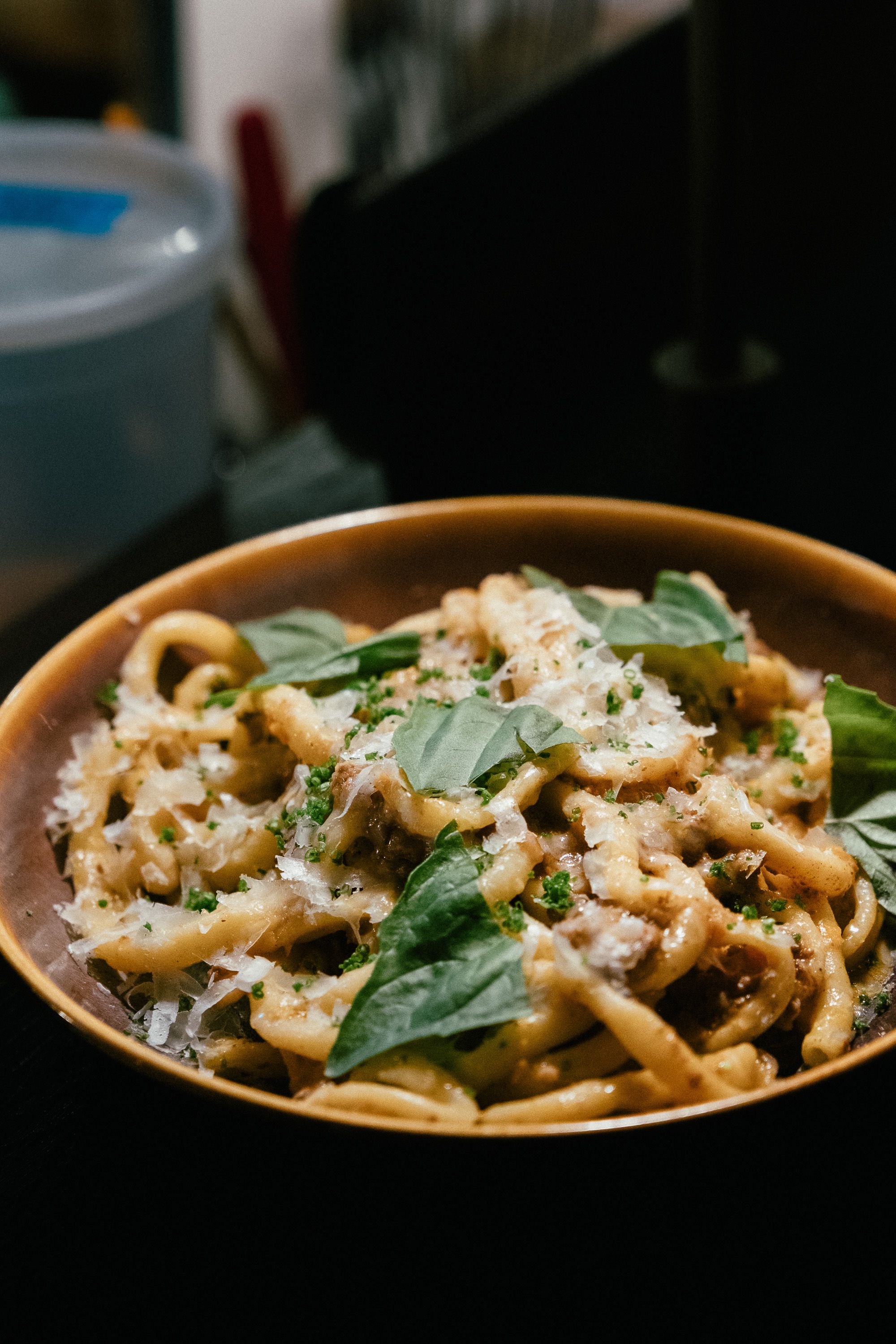 Savor a bowl of creamy pasta garnished with fresh basil and parmesan cheese.