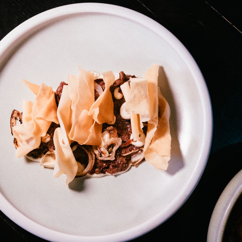 Chinese Doubanjiang Beef Burgers with Crispy Wonton Slaw