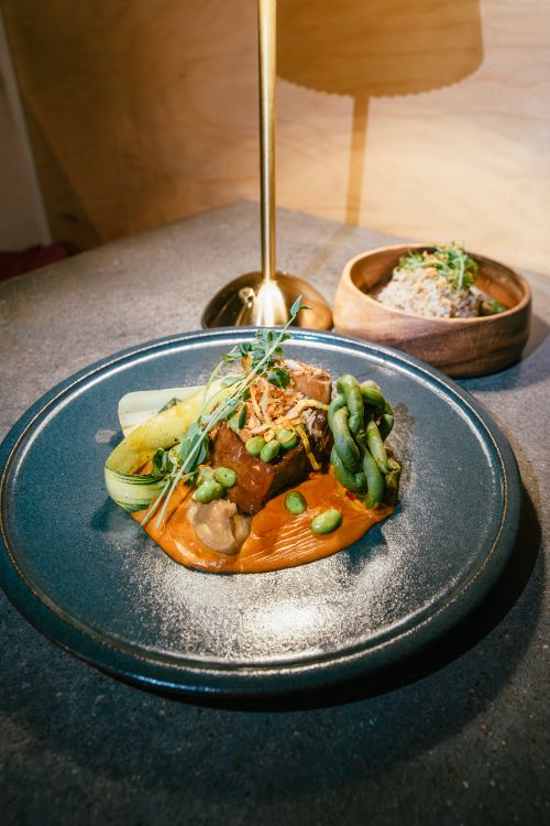 Free A beautifully plated modern dish featuring vibrant vegetables and exquisite presentation, perfect for fine dining settings. Stock Photo