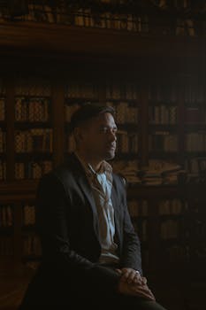 Sophisticated portrait of an adult man in a dimly lit Buenos Aires library.