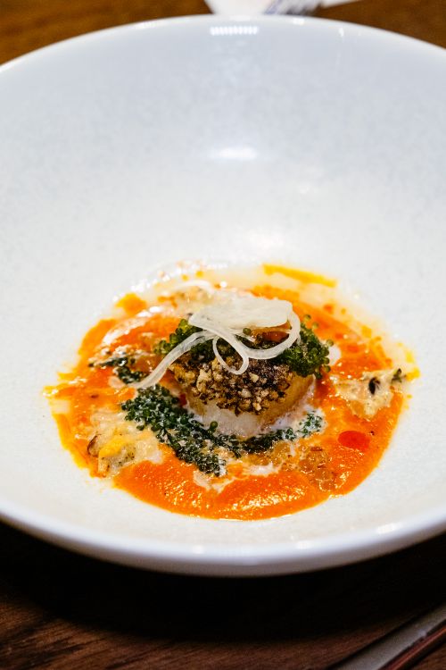Free Delicious gourmet seafood dish with colorful sauce, perfect for fine dining experiences in Calgary, Alberta. Stock Photo