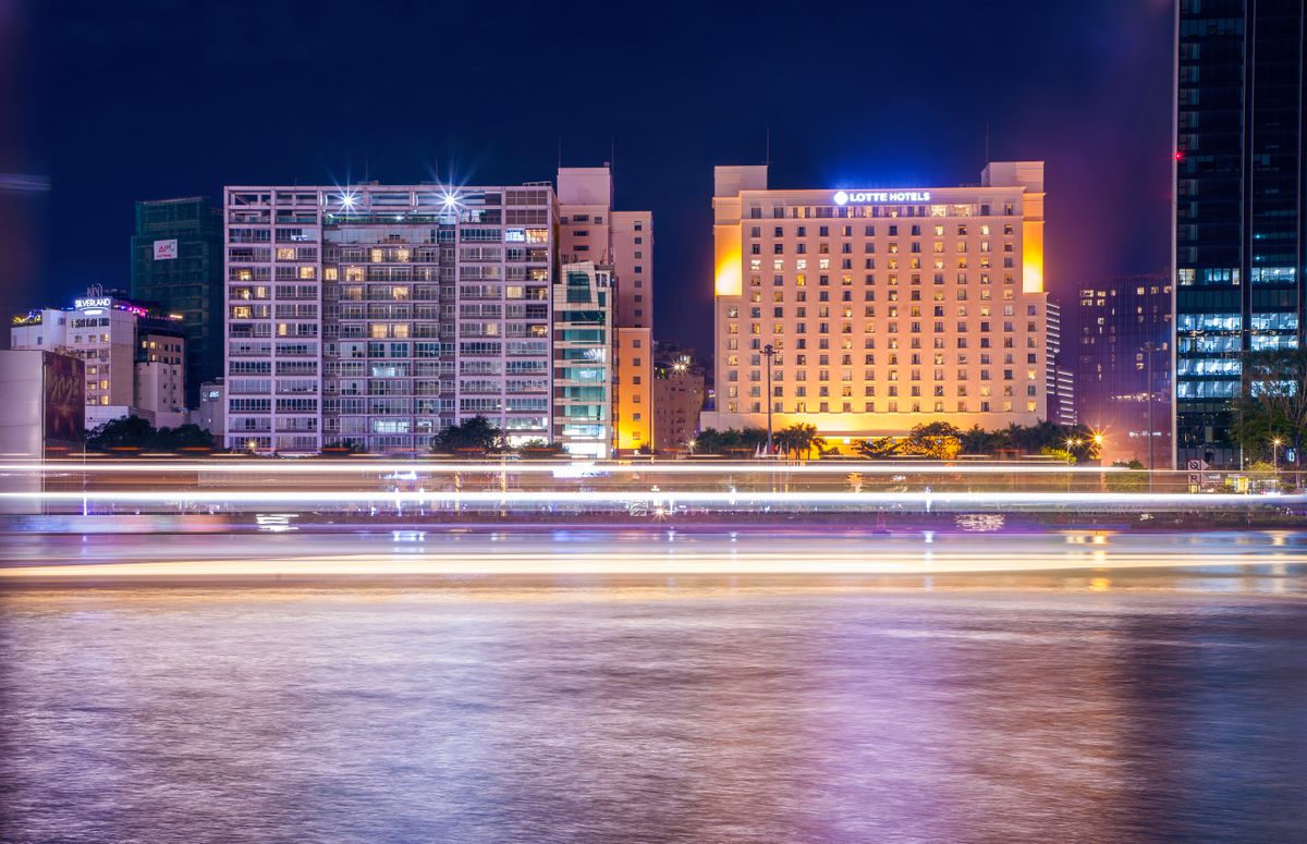 Modern riverfront skyline panorama