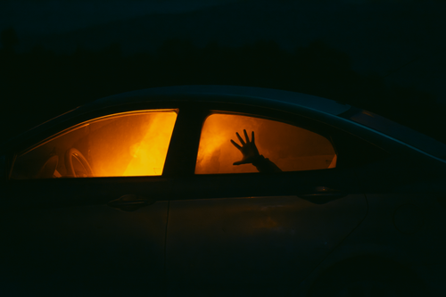 Free Moody, dimly lit silhouette of a hand pressed against a car window with warm illumination inside. Stock Photo