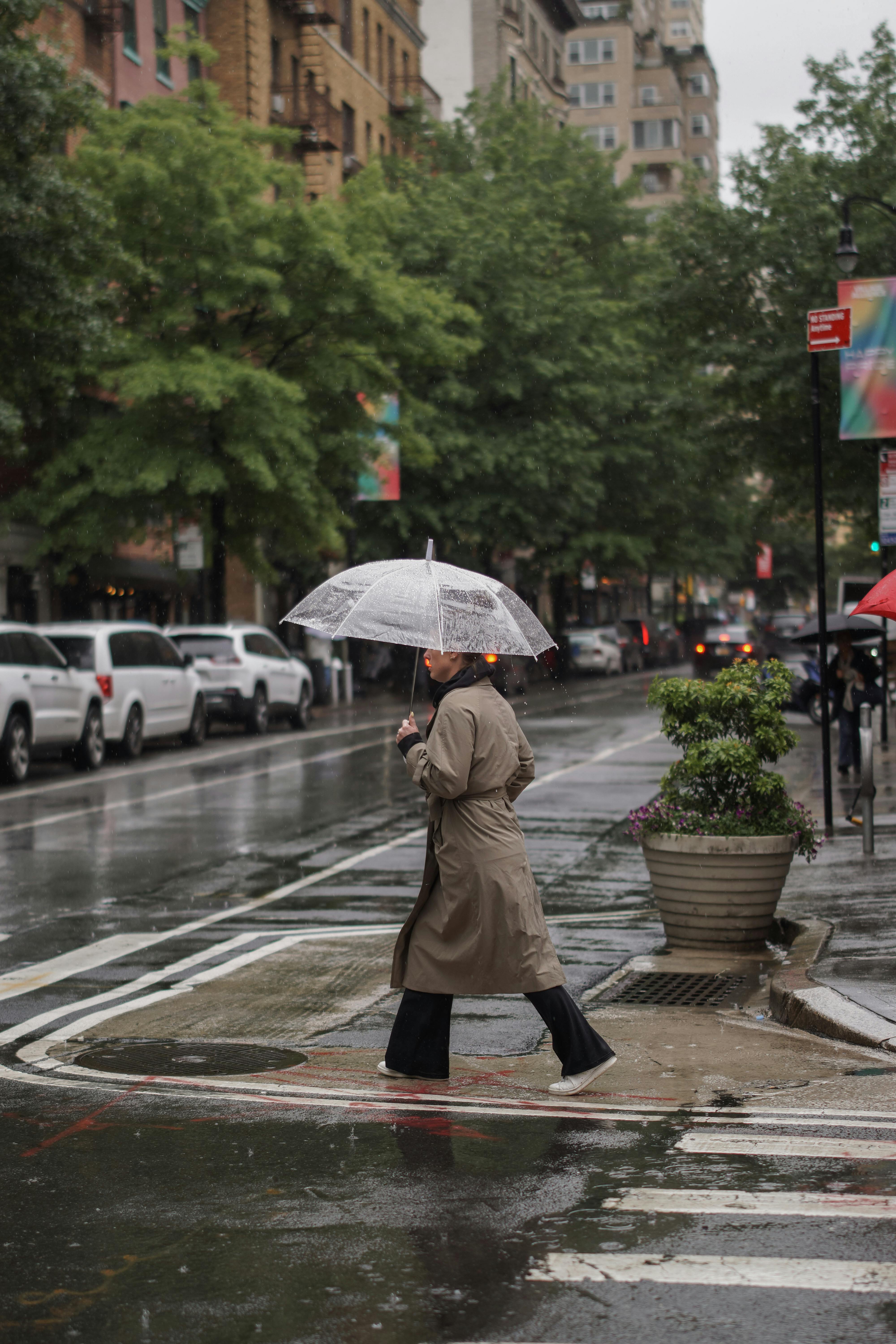 Person crossing a wet street with an umbrella in a rainy New York scene.