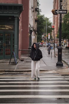 A person in a black hoodie crosses a wet city street in the rain, next to a 'One Way' sign.