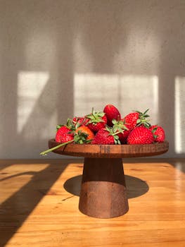 Ripe red strawberries on a wooden pedestal in warm daylight.