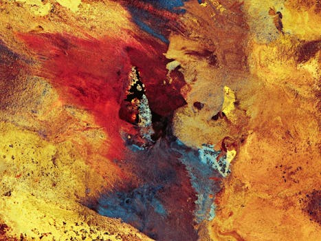 这幅抽象绘画大胆多彩，笔触富有表现力，纹理丰富