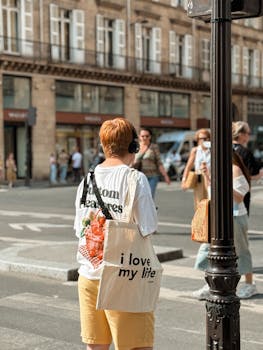 A young adult enjoying a sunny day in Paris with casual urban style and positive messaging tote bag.