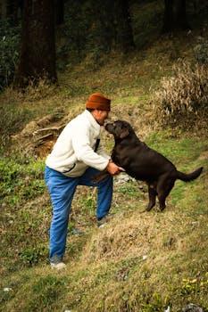 A man and his Labrador enjoying a playful moment in a forest setting.