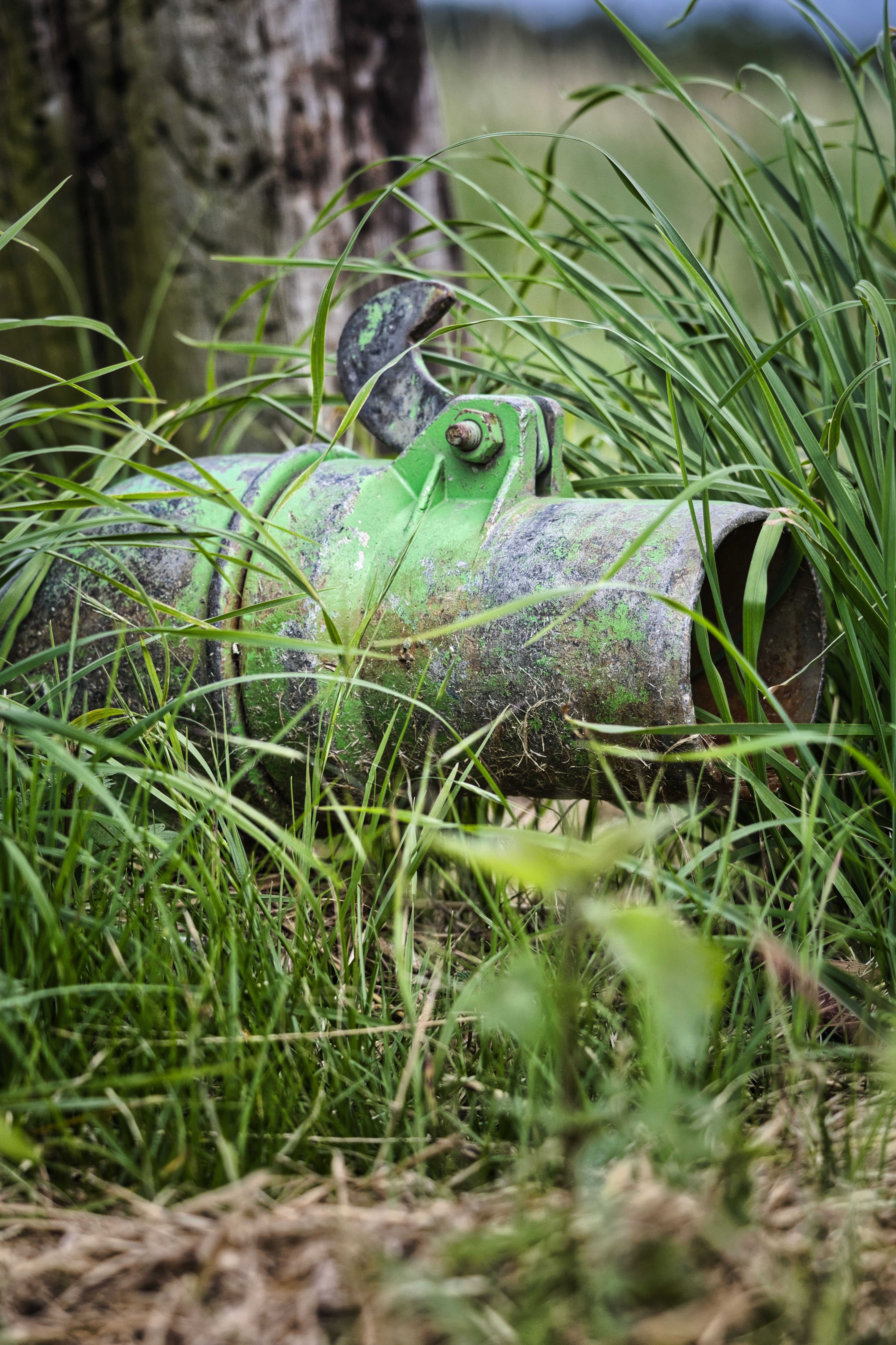 Rusty green metal pipe surrounded by lush grass in a rural field setting.
