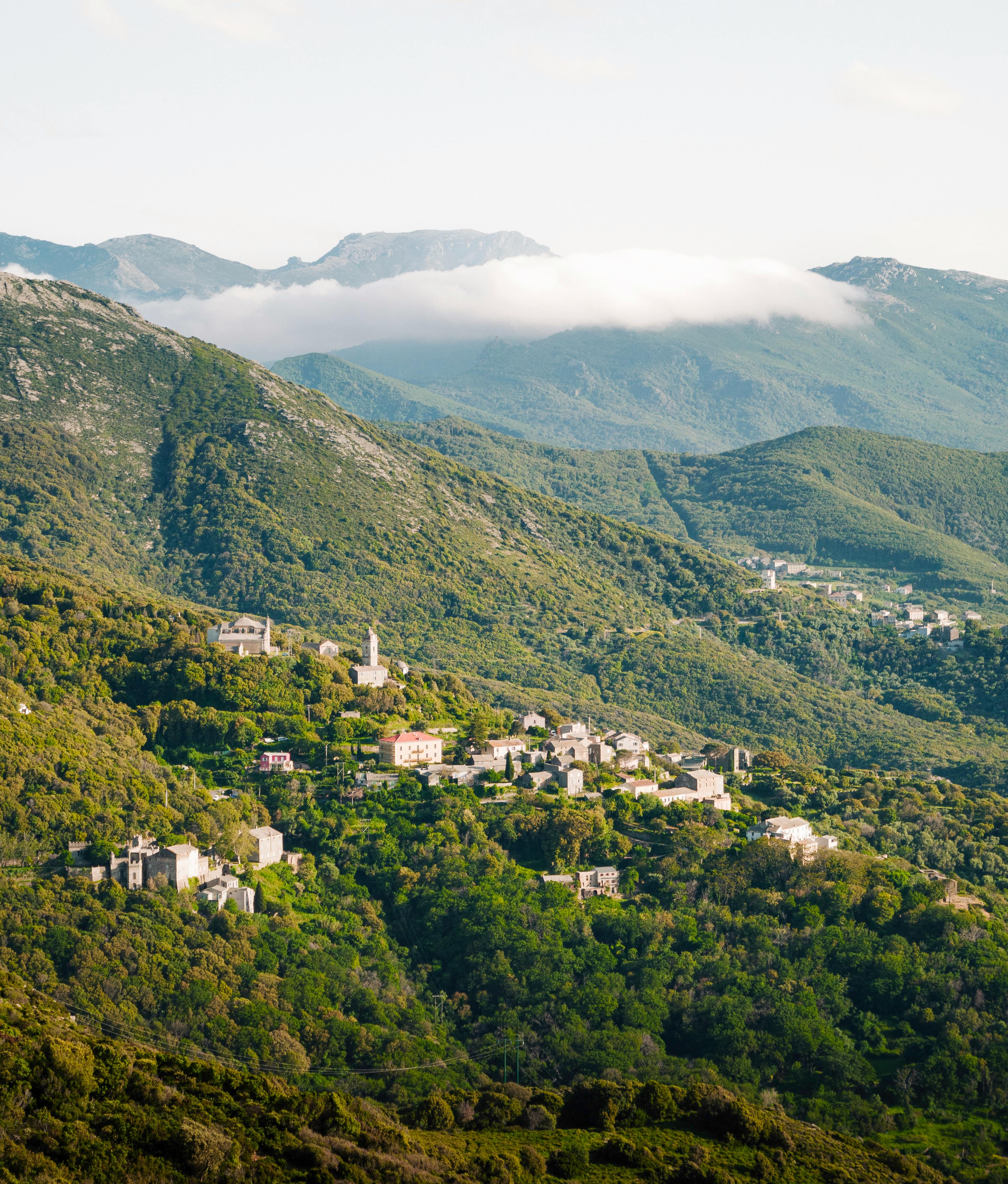 A picturesque view of a mountain village nestled in the lush green hills of Corsica, France during summer.
