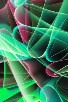 Colorful abstract light patterns with green and pink hues creating a vibrant artistic design.
