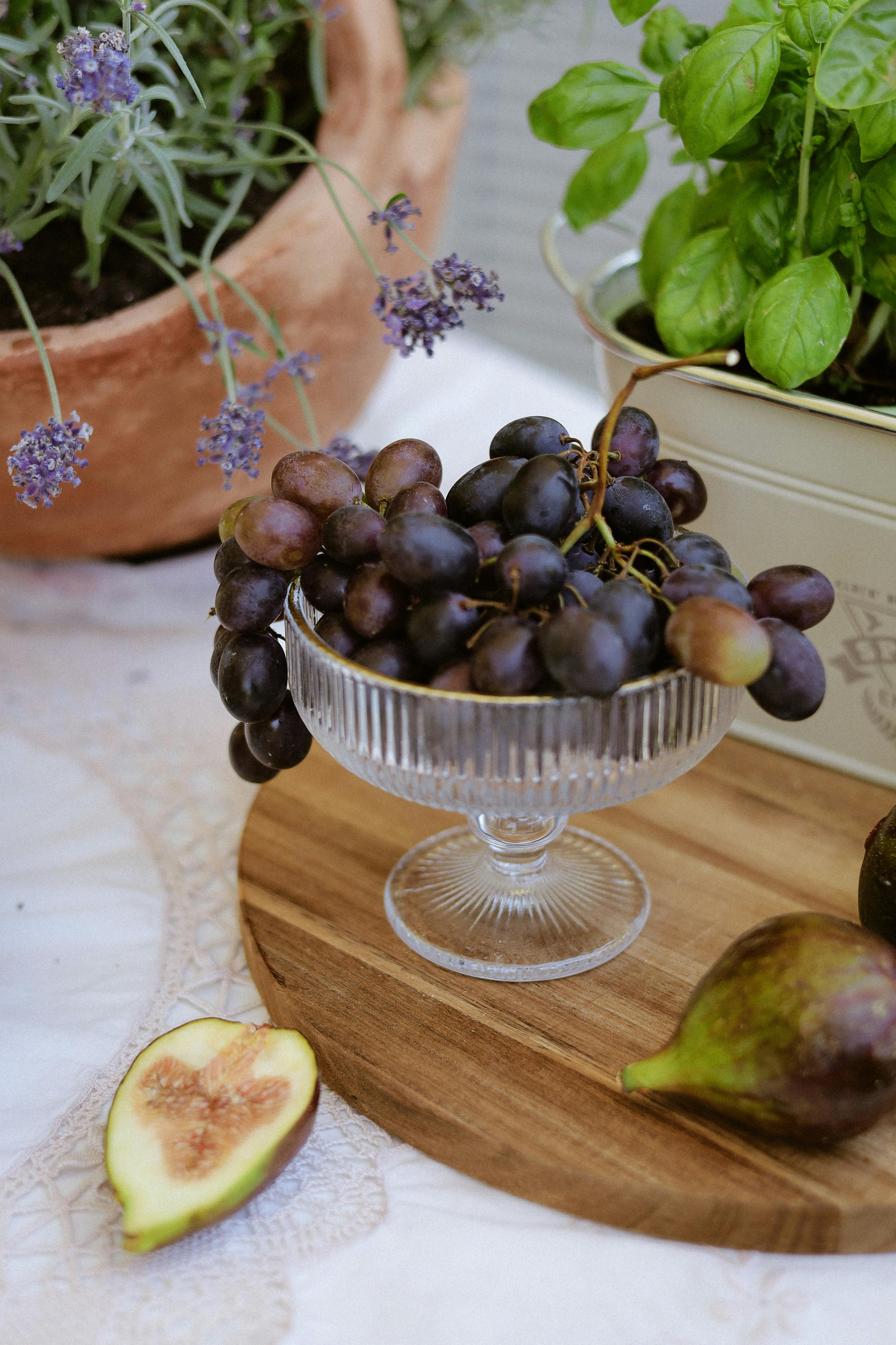 Fresh grapes and figs arranged with lush potted plants for a rustic table setting.
