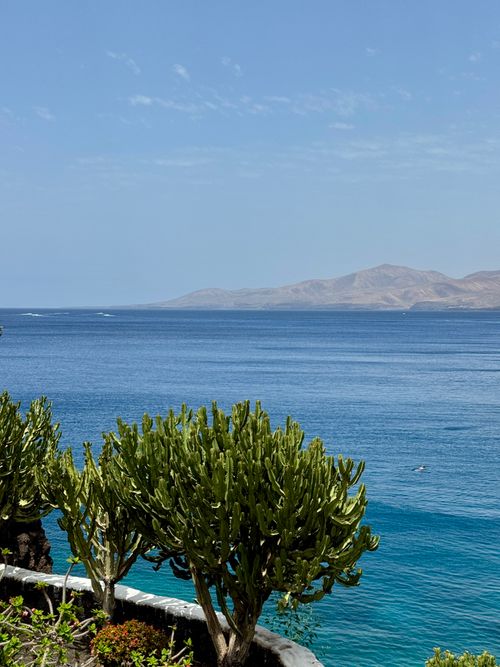 Free Breathtaking view of Lanzarote's coastline featuring blue ocean and lush vegetation. Stock Photo