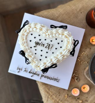 Heart-shaped cake with 'you're 24?' text, perfect for birthdays.