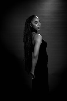 Sophisticated black and white portrait of a woman with braided hair in a formal dress.