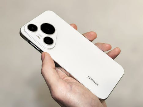 Close-up of a hand holding a sleek white smartphone with three camera lenses.