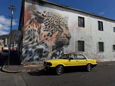 A striking leopard mural beside a vintage yellow car in Cape Town's Salt River district.